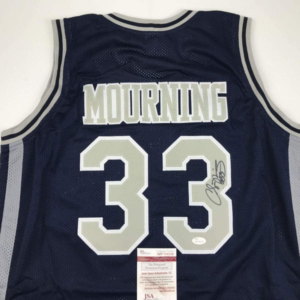 Autographed/Signed Alonzo Mourning Georgetown Blue College Jersey JSA