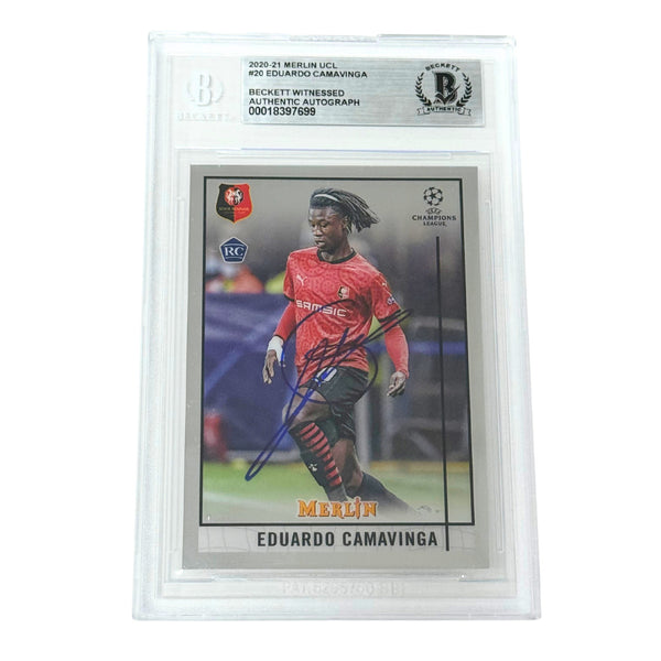 Eduardo Camavinga Signed 2020-21 Topps Merlin UCL #20 Rookie - Beckett Witness