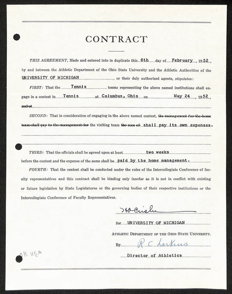 Fritz Crisler HOF Michigan Head Coach Signed/Auto Contract PSA BA198998