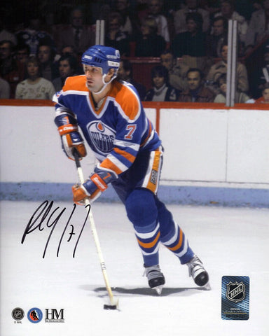 Paul Coffey Signed Oilers Blue Jersey Action With Puck 8x10 Photo - SCHWARTZ COA