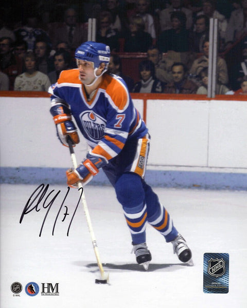 Paul Coffey Signed Oilers Blue Jersey Action With Puck 8x10 Photo - SCHWARTZ COA