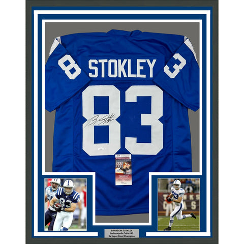 Framed Autographed/Signed Brandon Stokley 33x42 Indianapolis Blue Jersey JSA COA
