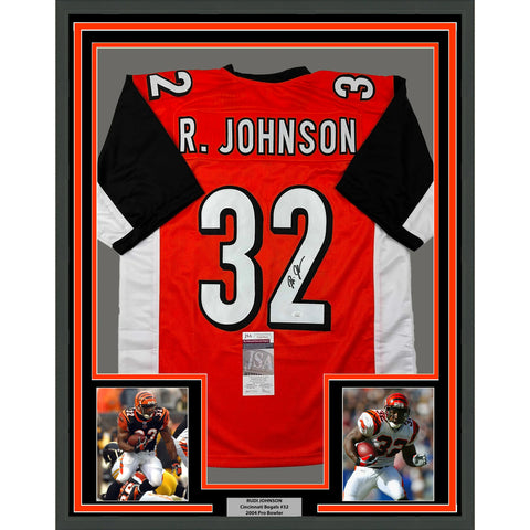 Framed Autographed/Signed Rudi Johnson 33x42 Cincinnati Orange Jersey JSA COA