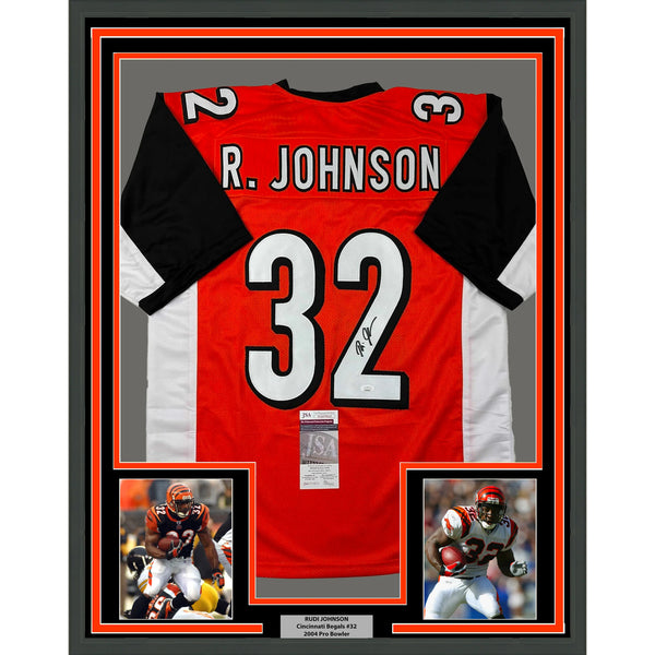 Framed Autographed/Signed Rudi Johnson 33x42 Cincinnati Orange Jersey JSA COA