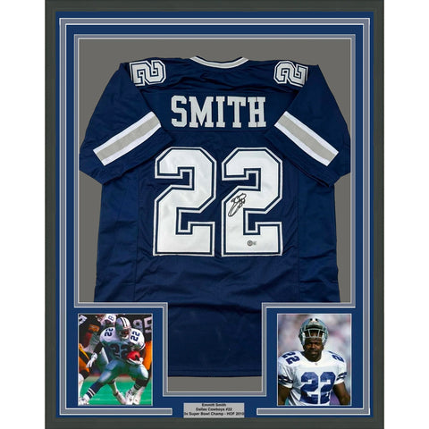 Framed Autographed/Signed Emmitt Smith 33x42 Dallas Blue Football Jersey BAS COA