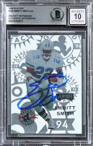 Cowboys Emmitt Smith Authentic Signed 1994 Playoff #238 Card Auto 10! BAS Slab
