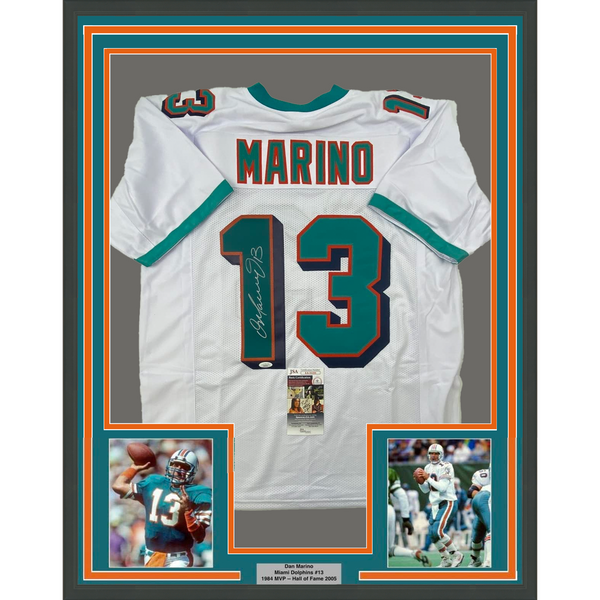 Framed Autographed/Signed Dan Marino 33x42 Miami White Football Jersey JSA COA