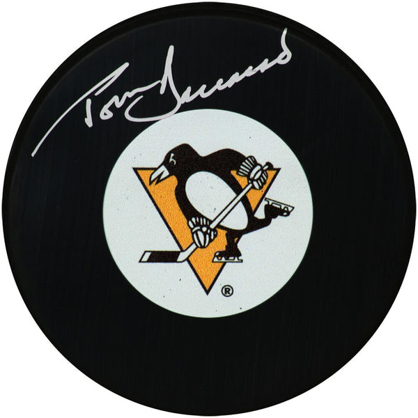 Tom Barrasso Signed Pittsburgh Penguins Logo Hockey Puck - (SCHWARTZ SPORTS COA)