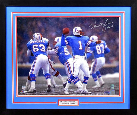 WARREN MOON AUTOGRAPHED HOUSTON OILERS 16x20 FRAMED PHOTO W/ HOF 06