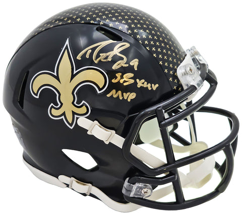DREW BREES AUTOGRAPHED SAINTS 2022 BLACK SPEED MINI HELMET SB XLIV MVP BECKETT