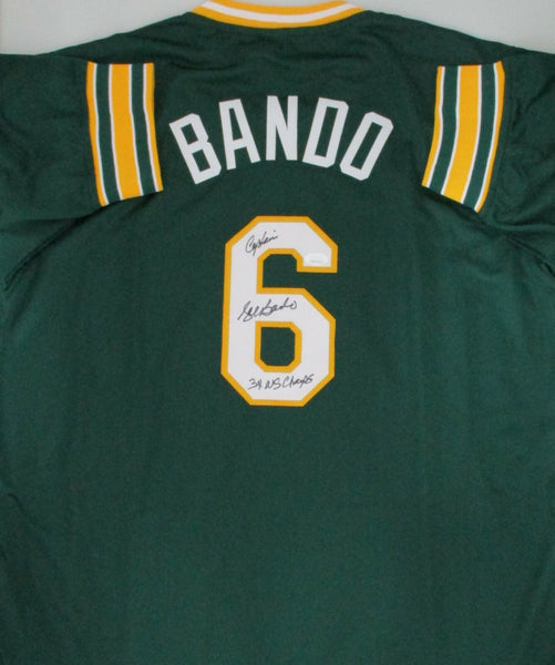 Athletics Infielder SAL BANDO Signed Custom Replica Oakland Jersey w/ WS Champs