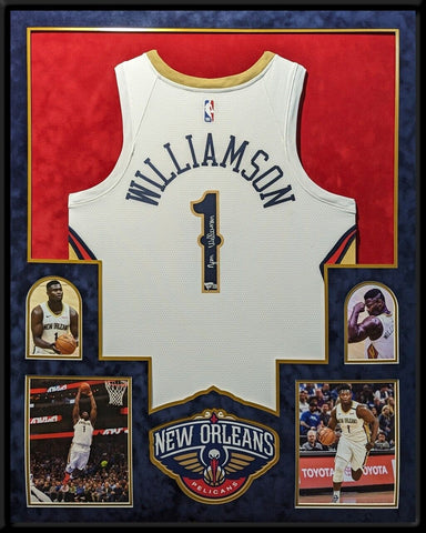 FRAMED IN SUEDE NEW ORLEANS PELICANS ZION WILLIAMSON SIGNED JERSEY FANATICS HOLO