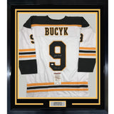 FRAMED Signed JOHNNY JOHN BUCYK 35x39 Boston White Jersey JSA COA