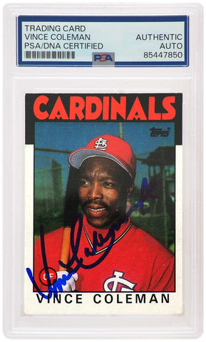 Vince Coleman Signed Cardinals 1986 Topps Baseball Trading Card #370 - (PSA E...
