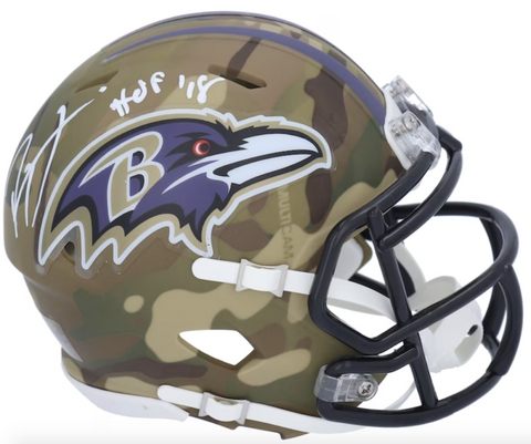 RAY LEWIS Autographed "HOF '18" Baltimore Ravens Camo Mini Speed Helmet FANATICS