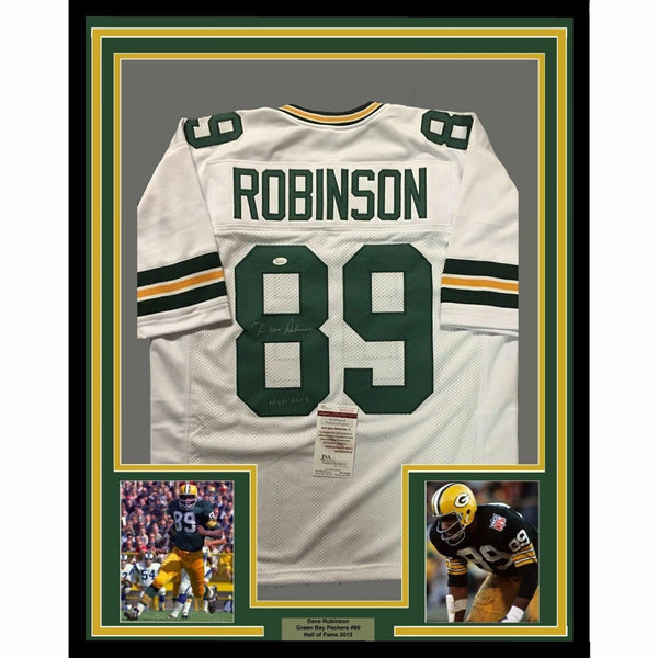 FRAMED Autographed/Signed DAVE ROBINSON 33x42 Green Bay White Jersey JSA COA