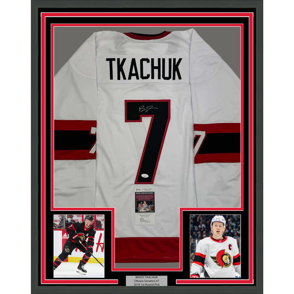 Framed Autographed/Signed Brady Tkachuk 35x39 Ottawa White Hockey Jersey JSA COA