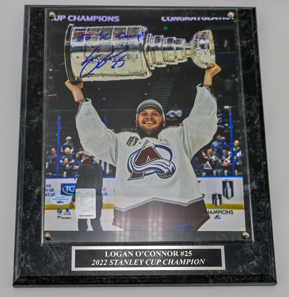 Logan O'Connor 8X10 Photo Hoisting NHL Stanley Cup "22 SC Champ" Plaque LSM COA