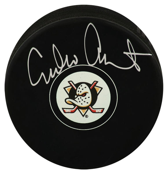 Emilio Estevez Signed Anaheim Mighty Ducks Team Logo Hockey Puck -(SCHWARTZ COA)