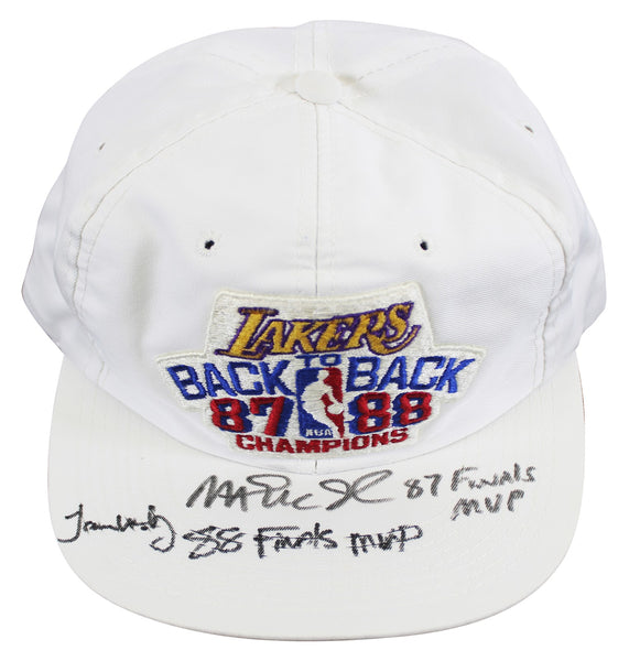 Magic Johnson & James Worthy "Finals MVP" Signed 1987-88 NBA Champions Hat BAS 1