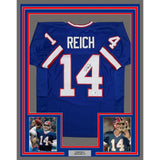 Framed Autographed/Signed Frank Reich 35x39 Buffalo Blue Jersey Beckett COA