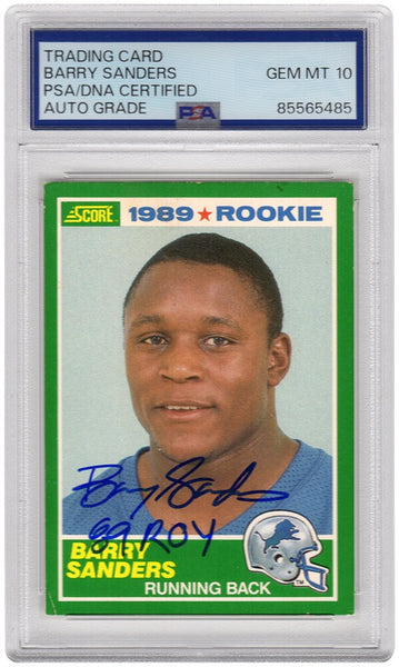 Barry Sanders Signed Lions 1989 Score Rookie Card #257 w/ROY'89 -(PSA / Auto 10)
