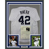 Framed Autographed/Signed Mariano Rivera 33x42 NY Pinstripe Jersey JSA COA/LOA