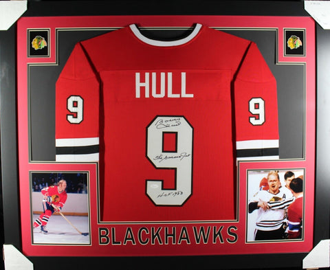 BOBBY HULL INSCRIBED 2x (Blackhawks red SKYLINE) Signed Framed Jersey JSA