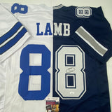 Autographed/Signed CeeDee Lamb Dallas Split White/Blue Football Jersey JSA COA