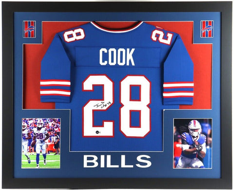 James Cook Signed 35x43 Framed Buffalo Bills Jersey (Beckett) Rookie Uniform #28