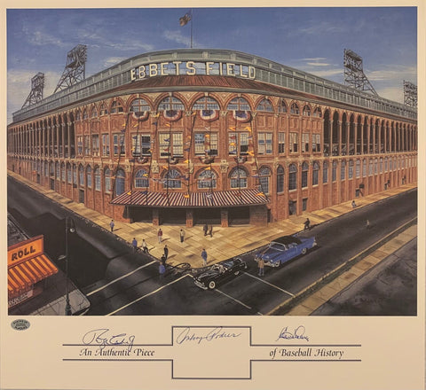 Ebbets Field Litho Signed by Craig, Podres, Labine