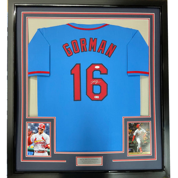 Framed Autographed/Signed Nolan Gorman 35x39 St. Louis Blue Jersey JSA COA