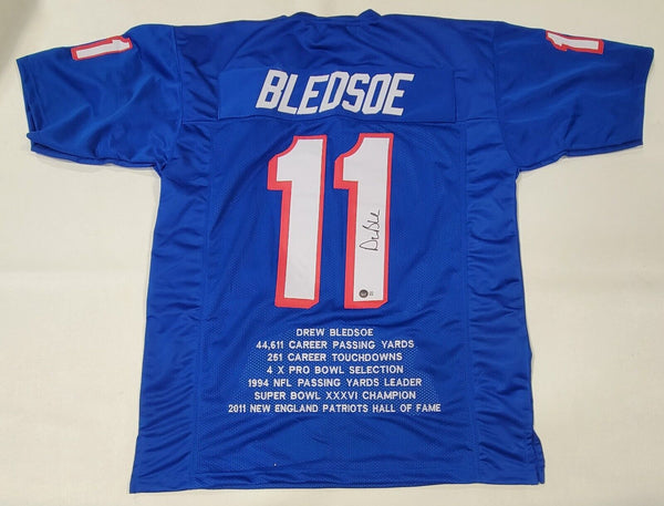 DREW BLEDSOE AUTOGRAPHED SIGNED PRO STYLE CUSTOM STAT XL JERSEY BECKETT COA
