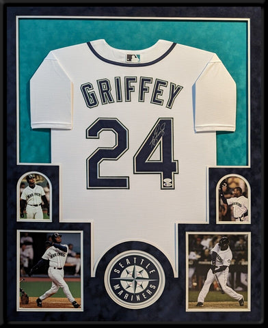 SUEDE FRAMED SEATTLE MARINERS KEN GRIFFEY JR AUTOGRAPHED JERSEY JSA CERT LETTER