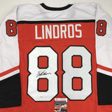 Autographed/Signed ERIC LINDROS Philadelphia Orange Hockey Jersey JSA COA Auto