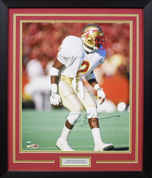 DEION SANDERS AUTOGRAPHED FLORIDA STATE SEMINOLES 16x20 FRAMED PHOTO COA