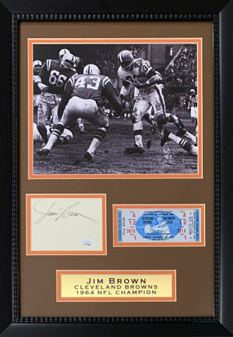 Jim Brown Autographed Cleveland Browns 1964 Framed Photo Ticket Display JSA COA