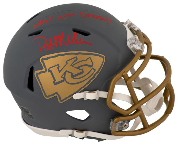 Pat Patrick Mahomes Sr Signed Chiefs SLATE Mini Helmet w/Who's Your Daddy SS COA