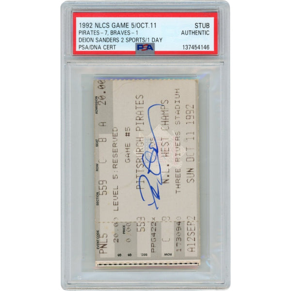 Deion Sanders Autographed Atlanta Braves 92 NLCS Gm 5 Ticket PSA Slab 51737