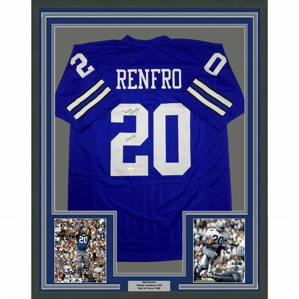 FRAMED Autographed/Signed MEL RENFRO HOF 96 33x42 Dallas Blue Jersey JSA COA