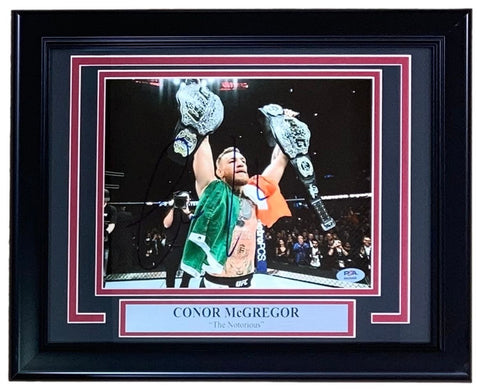 Conor McGregor Signed Framed 8x10 UFC Two Belts Photo PSA Hologram