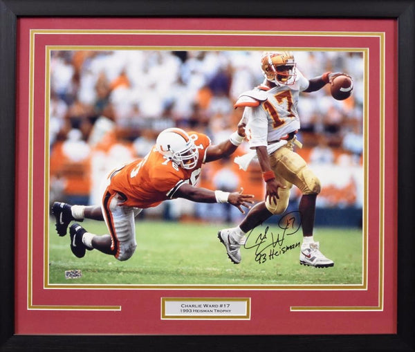 CHARLIE WARD SIGNED FLORIDA STATE SEMINOLES 16x20 FRAMED PHOTO W/ 93 HEISMAN