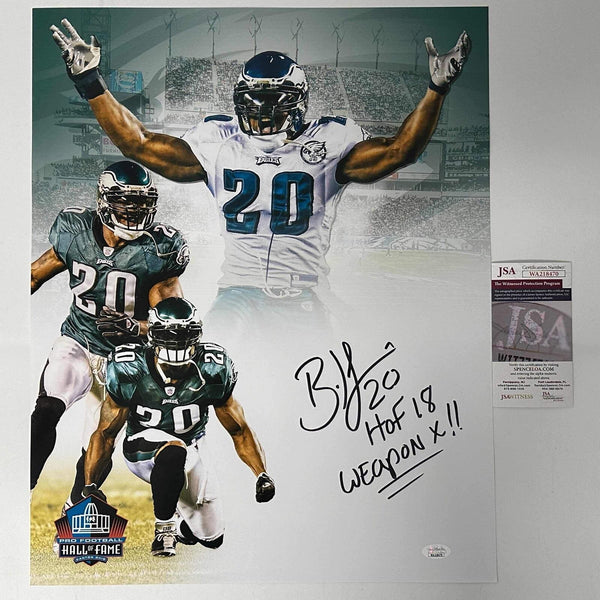 Autographed/Signed Brian Dawkins 2 Inscribed HOF 18 Weapon X 16x20 Photo JSA COA