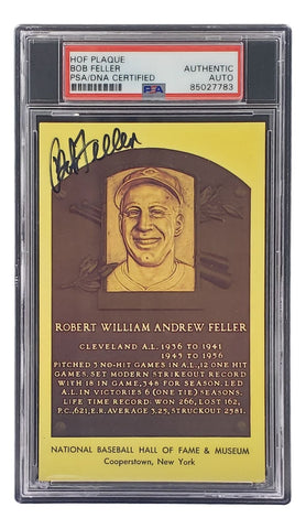 Bob Feller Signed 4x6 Cleveland Hall Of Fame Plaque Card PSA/DNA 85027783