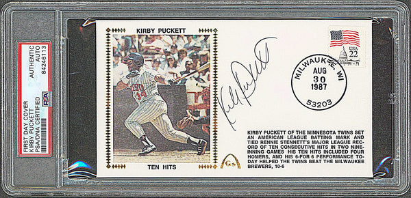 Twins Kirby Puckett Signed First Day Cover Postmarked August 30, 1987 PSA Slab