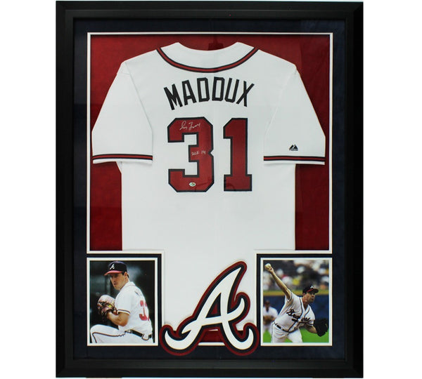 Greg Maddux Signed Atlanta Braves Large Framed White Jersey with "HOF 14" Insc