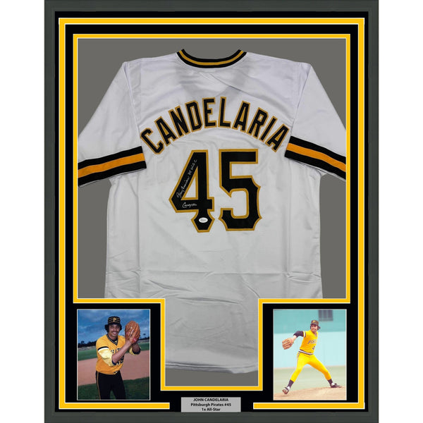 Framed Signed John Candelaria 35x39 Pittsburgh White Jersey JSA COA