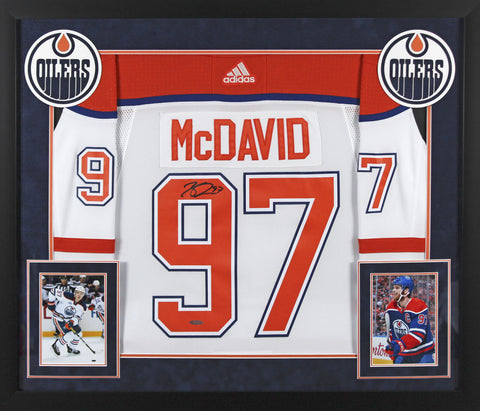 Oilers Connor McDavid Authentic Signed White Adidas Framed Jersey UDA #BAM105265