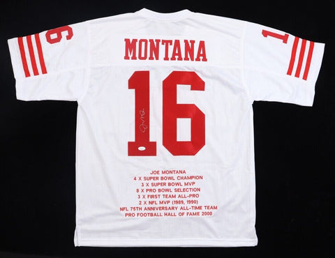 Joe Montana Signed San Francisco 49ers Career Stat Highlight Jersey (JSA) Q.B.