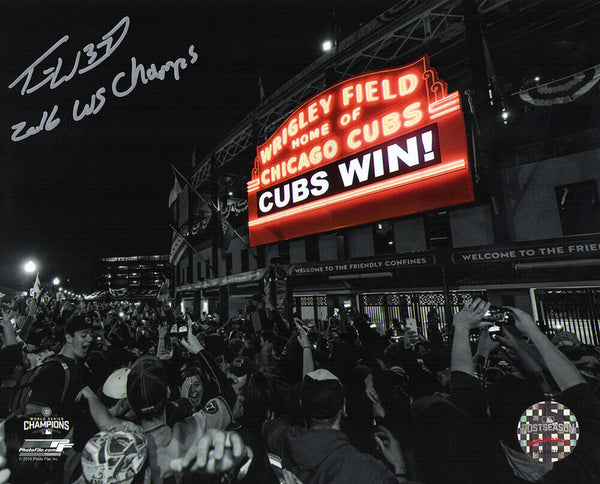 Travis Wood Signed Cubs 2016 WS Wrigley Field Marquee 8x10 w/Champs - (SS COA)